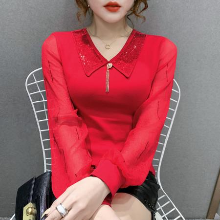 FA45825# 镶钻娃娃领秋装上衣新款时尚洋气雪纺袖高档修身显瘦小衫 服裝批發女裝批發服飾貨源