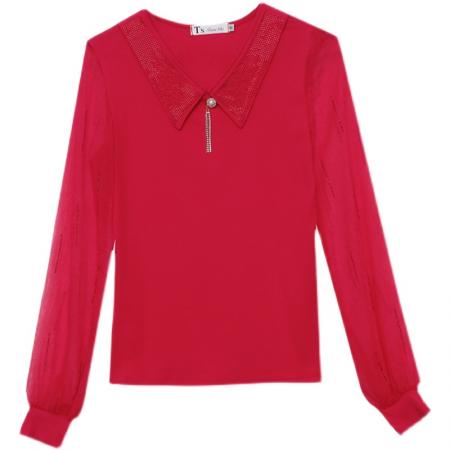 FA45825# 镶钻娃娃领秋装上衣新款时尚洋气雪纺袖高档修身显瘦小衫 服裝批發女裝批發服飾貨源