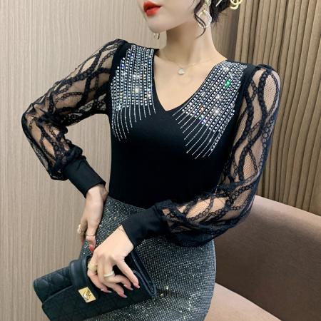 FA45826# 秋季新款优雅V领套头长袖蕾丝衫时尚烫钻百搭修身春秋打底衫 服裝批發女裝批發服飾貨源