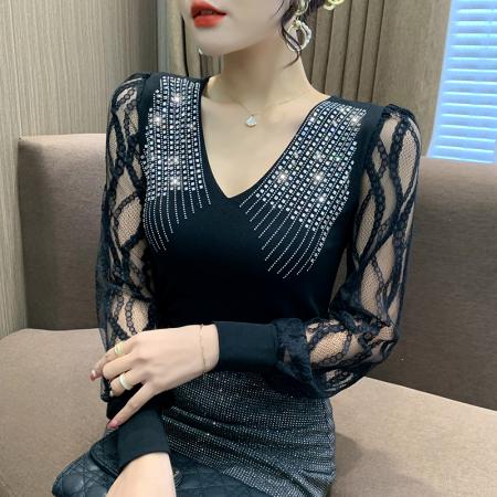 FA45826# 秋季新款优雅V领套头长袖蕾丝衫时尚烫钻百搭修身春秋打底衫 服裝批發女裝批發服飾貨源