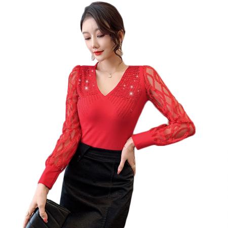 FA45826# 秋季新款优雅V领套头长袖蕾丝衫时尚烫钻百搭修身春秋打底衫 服裝批發女裝批發服飾貨源