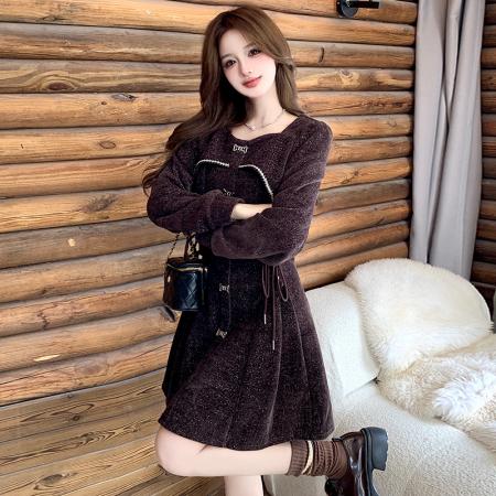 FA45828# 时尚洋气小礼服女好质量长袖雪尼尔连衣裙短裙淑女丝绒女 服裝批發女裝批發服飾貨源