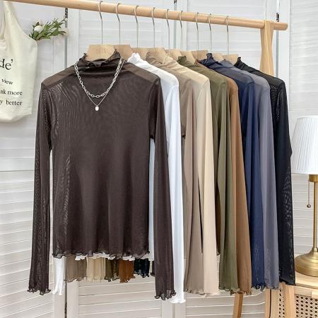 FA45831# 网纱蕾丝新款叠穿打底衫女薄款高领纱衣内搭防晒长袖洋气上衣 服裝批發女裝批發服飾貨源