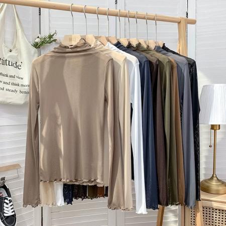 FA45831# 网纱蕾丝新款叠穿打底衫女薄款高领纱衣内搭防晒长袖洋气上衣 服裝批發女裝批發服飾貨源