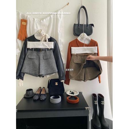 FA45832# 法式小香风编织毛呢料防走光裙裤女秋冬外穿时尚洋气阔腿靴裤短裤 服裝批發女裝批發服飾貨源