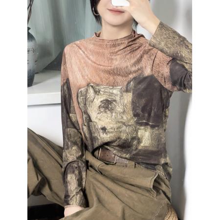 FA45834# 秋冬时尚洋气高弹网纱长袖印花半高领百搭上衣小衫女装 服裝批發女裝批發服飾貨源