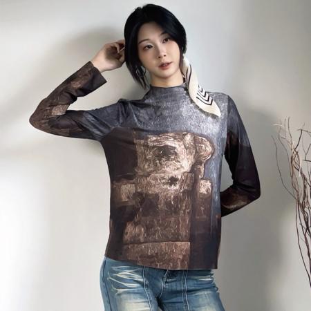 FA45834# 秋冬时尚洋气高弹网纱长袖印花半高领百搭上衣小衫女装 服裝批發女裝批發服飾貨源