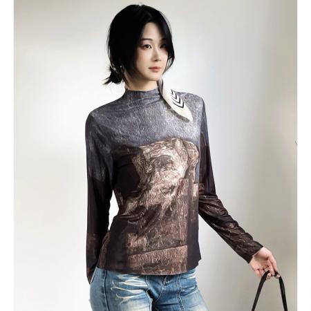 FA45834# 秋冬时尚洋气高弹网纱长袖印花半高领百搭上衣小衫女装 服裝批發女裝批發服飾貨源