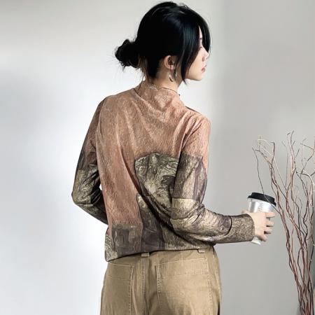 FA45834# 秋冬时尚洋气高弹网纱长袖印花半高领百搭上衣小衫女装 服裝批發女裝批發服飾貨源