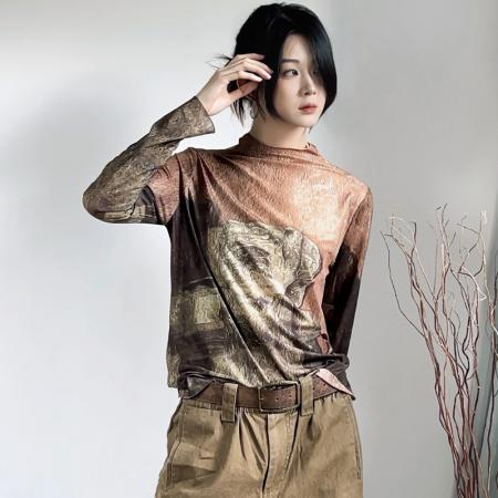 FA45834# 秋冬时尚洋气高弹网纱长袖印花半高领百搭上衣小衫女装 服裝批發女裝批發服飾貨源