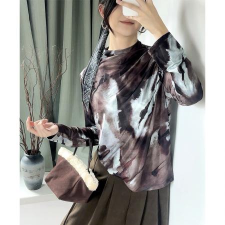 FA45835# 秋冬时尚洋气高弹网纱长袖印花半高领上衣小衫女装 服裝批發女裝批發服飾貨源