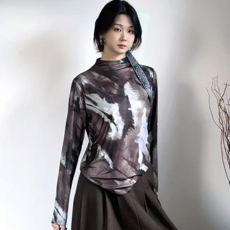 FA45835# 秋冬时尚洋气高弹网纱长袖印花半高领上衣小衫女装 服裝批發女裝批發服飾貨源