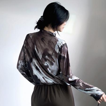 FA45835# 秋冬时尚洋气高弹网纱长袖印花半高领上衣小衫女装 服裝批發女裝批發服飾貨源
