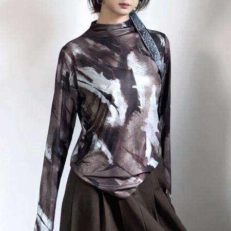 FA45835# 秋冬时尚洋气高弹网纱长袖印花半高领上衣小衫女装 服裝批發女裝批發服飾貨源