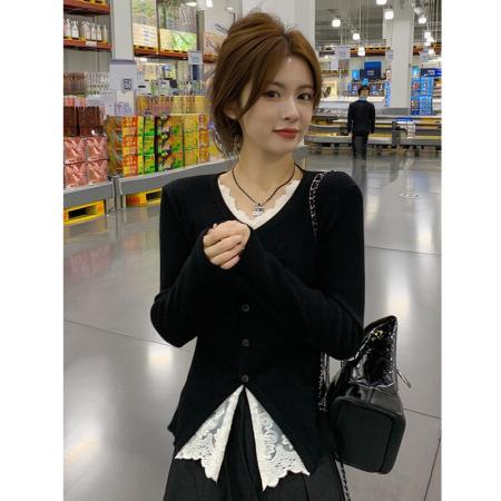 FA45838# 蕾丝拼接v领针织开衫女初秋季穿搭收腰内搭设计感开叉上衣 服裝批發女裝批發服飾貨源