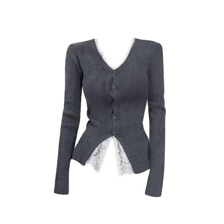 FA45838# 蕾丝拼接v领针织开衫女初秋季穿搭收腰内搭设计感开叉上衣 服裝批發女裝批發服飾貨源