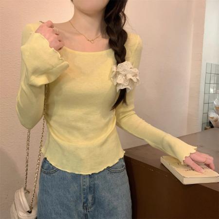 FA45839# 大领口木耳边喇叭袖针织打底衫女早秋修身褶皱低领上衣 服裝批發女裝批發服飾貨源