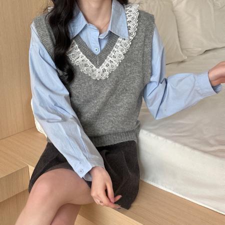 FA45840# 新款蕾丝V领宽松针织马甲秋冬短款女装韩系上衣无袖毛衣纯色背心 服裝批發女裝批發服飾貨源