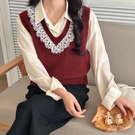 FA45840# 新款蕾丝V领宽松针织马甲秋冬短款女装韩系上衣无袖毛衣纯色背心 服裝批發女裝批發服飾貨源