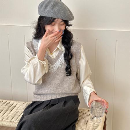 FA45840# 新款蕾丝V领宽松针织马甲秋冬短款女装韩系上衣无袖毛衣纯色背心 服裝批發女裝批發服飾貨源