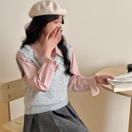 FA45840# 新款蕾丝V领宽松针织马甲秋冬短款女装韩系上衣无袖毛衣纯色背心 服裝批發女裝批發服飾貨源