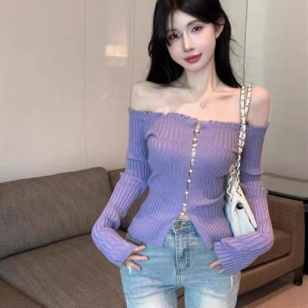 FA45841# 纯欲甜辣一字肩针织开衫女短款春秋独特别致上衣漂亮毛衣打底衫女 服裝批發女裝批發服飾貨源