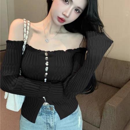 FA45841# 纯欲甜辣一字肩针织开衫女短款春秋独特别致上衣漂亮毛衣打底衫女 服裝批發女裝批發服飾貨源