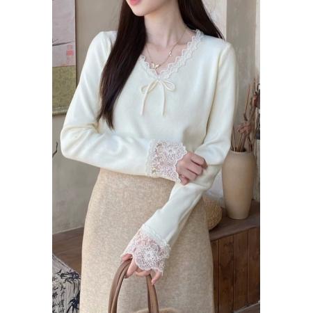 FA45843# v领蕾丝拼接蝴蝶结系带打底衫女春秋纯欲内搭毛衣针织衫上衣 服裝批發女裝批發服飾貨源