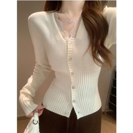 FA45844# v领蕾丝拼接针织衫女春秋季新款修身显瘦内搭上衣 服裝批發女裝批發服飾貨源