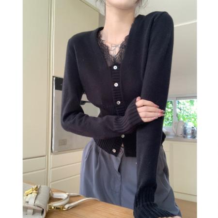 FA45844# v领蕾丝拼接针织衫女春秋季新款修身显瘦内搭上衣 服裝批發女裝批發服飾貨源