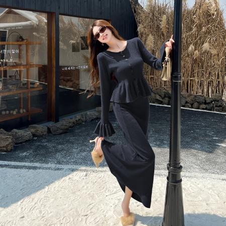 FA45846# 法式复古荷叶边针织开衫高腰半身裙套装女秋冬新超好看两件套 服裝批發女裝批發服飾貨源