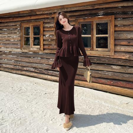 FA45846# 法式复古荷叶边针织开衫高腰半身裙套装女秋冬新超好看两件套 服裝批發女裝批發服飾貨源