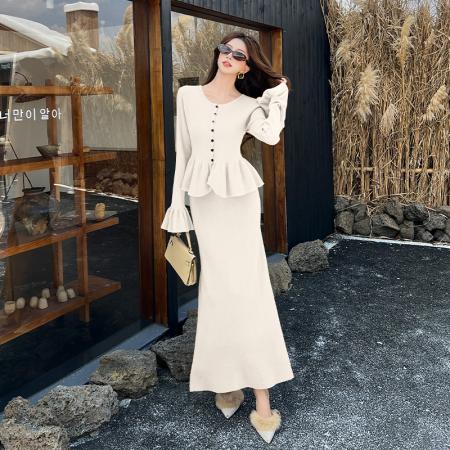 FA45846# 法式复古荷叶边针织开衫高腰半身裙套装女秋冬新超好看两件套 服裝批發女裝批發服飾貨源