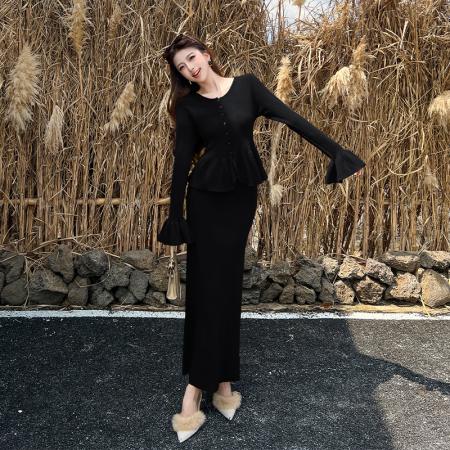 FA45846# 法式复古荷叶边针织开衫高腰半身裙套装女秋冬新超好看两件套 服裝批發女裝批發服飾貨源