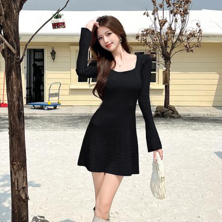 FA45847# 法式U领针织连衣裙女装秋冬小个子收腰显瘦长袖麻花a字短裙子 服裝批發女裝批發服飾貨源