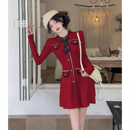 FA45848# 新年女圆领针织连衣裙甜美收腰A字裙秋冬显瘦毛衣打底裙 服裝批發女裝批發服飾貨源