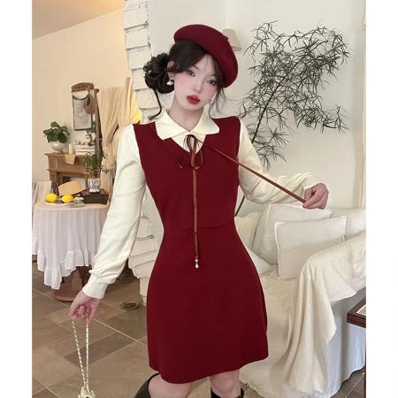 FA45849# 法式针织连衣裙秋冬新款学院风假两件气质减龄内搭毛衣裙 服裝批發女裝批發服飾貨源