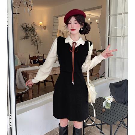 FA45849# 法式针织连衣裙秋冬新款学院风假两件气质减龄内搭毛衣裙 服裝批發女裝批發服飾貨源