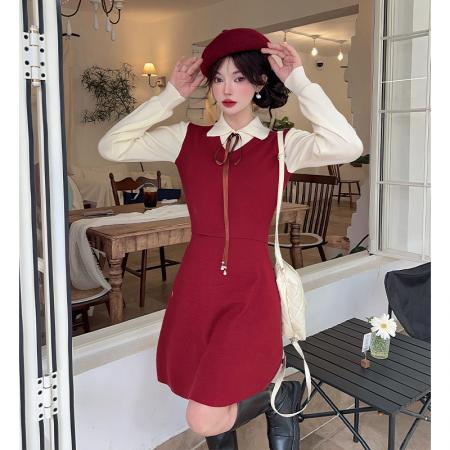 FA45849# 法式针织连衣裙秋冬新款学院风假两件气质减龄内搭毛衣裙 服裝批發女裝批發服飾貨源