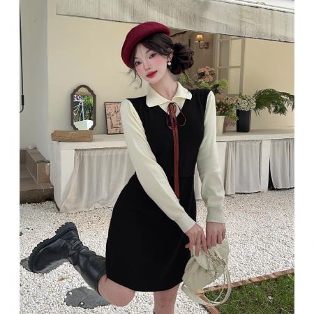 FA45849# 法式针织连衣裙秋冬新款学院风假两件气质减龄内搭毛衣裙 服裝批發女裝批發服飾貨源