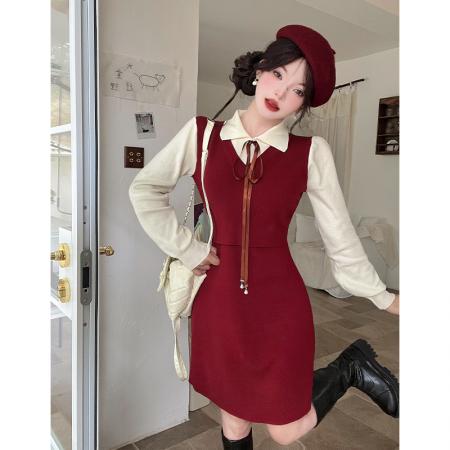 FA45849# 法式针织连衣裙秋冬新款学院风假两件气质减龄内搭毛衣裙 服裝批發女裝批發服飾貨源