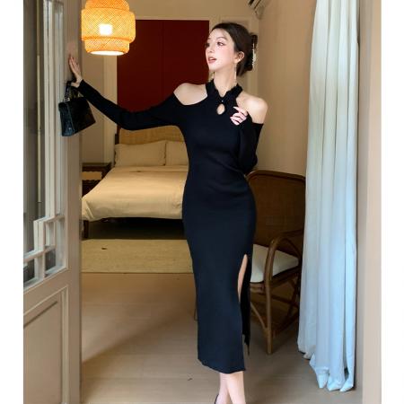 FA45851# 秋冬穿搭黑色气质针织长裙茶里茶气露肩修身新中式旗袍连衣裙 服裝批發女裝批發服飾貨源