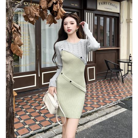 FA45856# 不规则绿色针织连衣裙女秋季轻奢高级感小香风名媛包臀内搭裙 服裝批發女裝批發服飾貨源