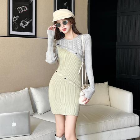 FA45856# 不规则绿色针织连衣裙女秋季轻奢高级感小香风名媛包臀内搭裙 服裝批發女裝批發服飾貨源