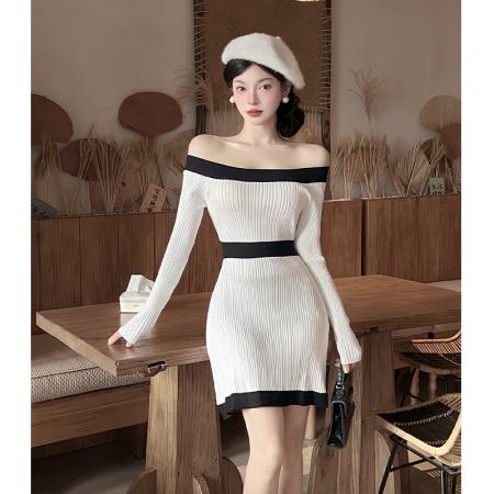 FA45858# 高级感小香风超好看针织连衣裙女秋冬小个子一字肩收腰A字裙 服裝批發女裝批發服飾貨源