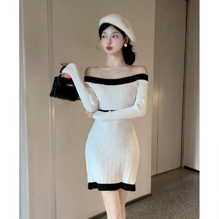 FA45858# 高级感小香风超好看针织连衣裙女秋冬小个子一字肩收腰A字裙 服裝批發女裝批發服飾貨源