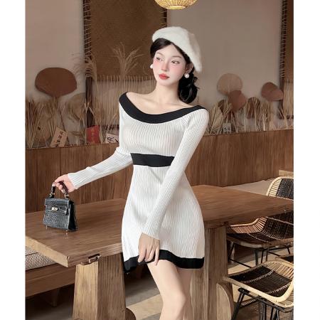 FA45858# 高级感小香风超好看针织连衣裙女秋冬小个子一字肩收腰A字裙 服裝批發女裝批發服飾貨源