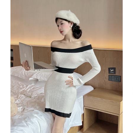 FA45858# 高级感小香风超好看针织连衣裙女秋冬小个子一字肩收腰A字裙 服裝批發女裝批發服飾貨源