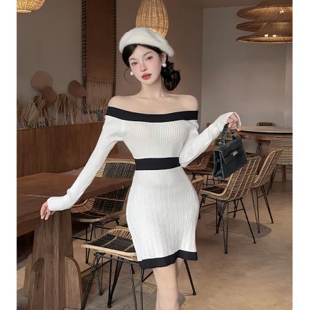 FA45858# 高级感小香风超好看针织连衣裙女秋冬小个子一字肩收腰A字裙 服裝批發女裝批發服飾貨源