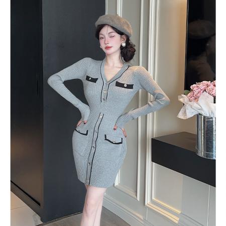 FA45859# 小个子高级灰色针织连衣裙秋冬法式气质收腰显瘦修身毛衣裙女 服裝批發女裝批發服飾貨源